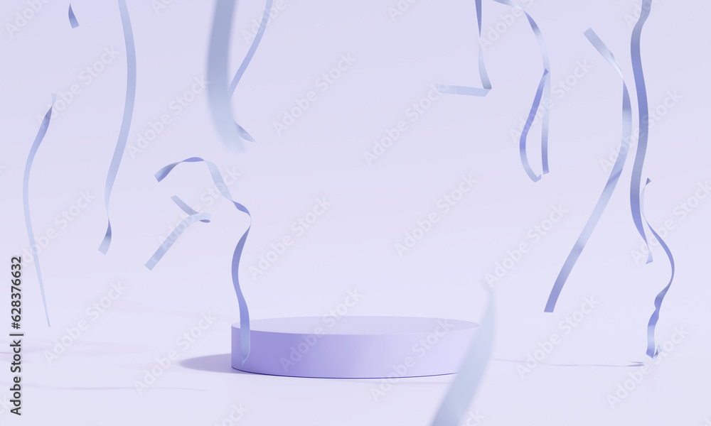 Poster product display podium with falling ribbon on violet background.3d rendering
