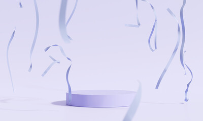 Product display podium with falling ribbon on violet background.3D rendering