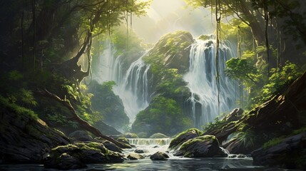  a painting of a waterfall in a forest with rocks and trees.  generative ai