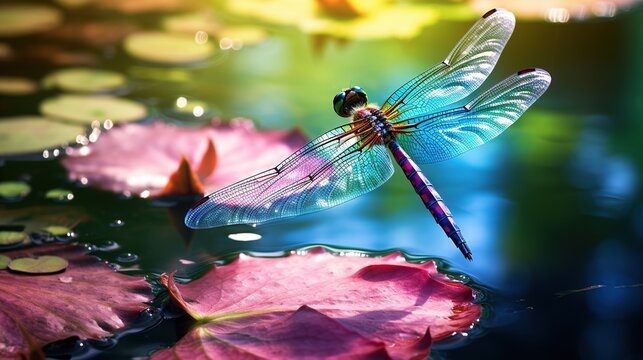  a blue dragonfly sitting on top of a lily pad.  generative ai