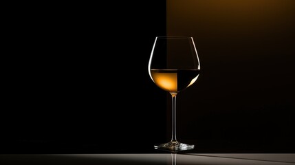  a glass of wine sitting on top of a table next to a black wall.  generative ai