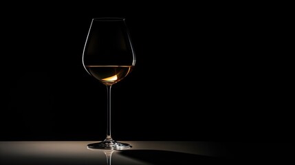  a glass of wine sitting on top of a table next to a black wall.  generative ai