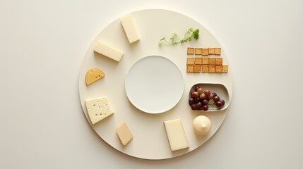  a plate with cheese, crackers and grapes on it.  generative ai