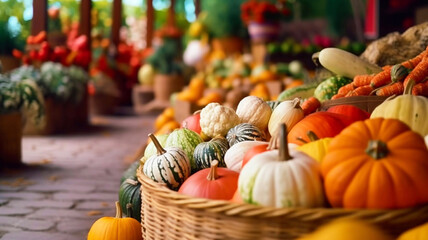 Colorful pumpkins and squashes in a basket on wooden background