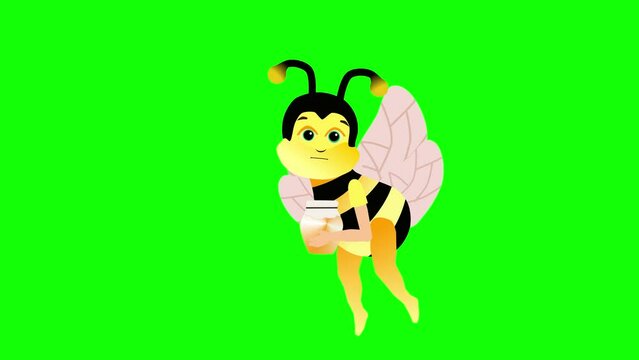 Cute cartoon bee with honey flies  green screen