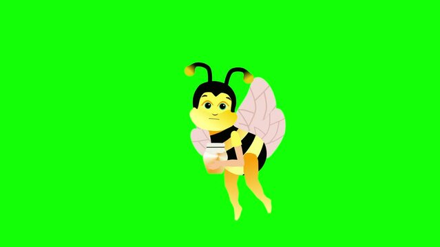 Cute cartoon bee with honey flies  green screen