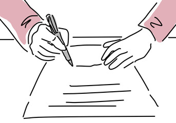 契約書にサインする女性の手のシンプル線画イラスト