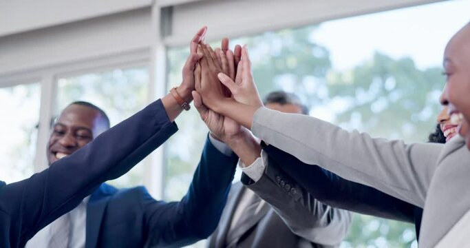 Business people, hands and high five in meeting for team building, motivation or support together at the office. Group of employees touching in teamwork for trust, unity or collaboration at workplace