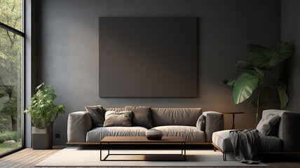 Home Interior, luxury modern dark living room interior with poster frame mockup. Generative AI