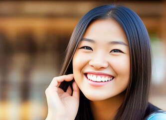 Closeup portrait of a beautiful young asian woman smiling and looking at camera