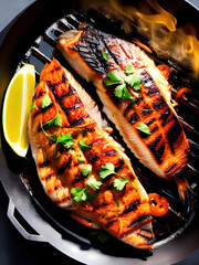Grilled salmon fillet with lemon and parsley on the grill