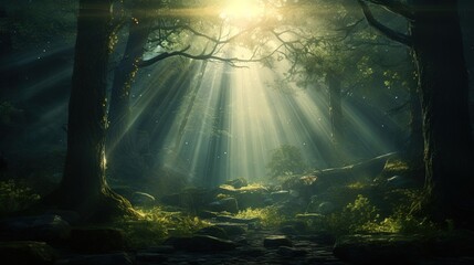  a sunbeam in the middle of a forest filled with trees.  generative ai