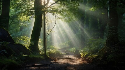 Obraz premium a path through a forest with sunbeams shining through the trees. generative ai