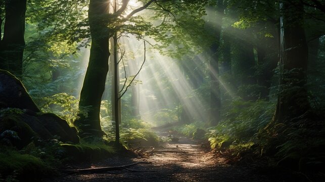  a path through a forest with sunbeams shining through the trees.  generative ai