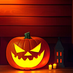 Halloween pumpkin with lantern on wooden background