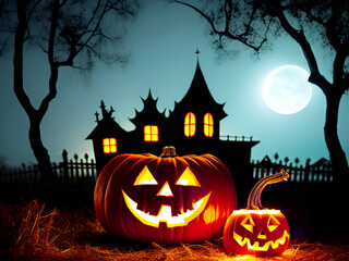 Halloween spooky house with pumpkins
