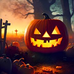 Halloween pumpkins in the cemetery