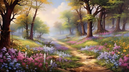  a painting of a path through a forest with wildflowers.  generative ai