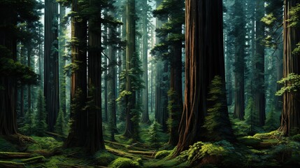  a painting of a forest with tall trees and green moss.  generative ai