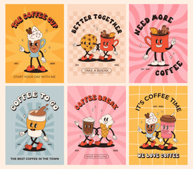 Collection of posters with cute cartoon characters of coffee takeaway and pastries donut, chocolate chip cookie, ice cream and cupcake. Desserts food and drink in retro groovy style