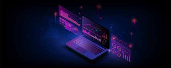 Abstract background image, laptop application concept with business graph and infographic chart analysis data. online statistics and data analysis