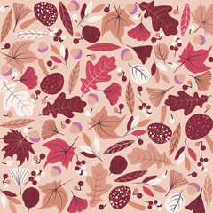 Autumn seamless pattern with mushroom, acorn, and different colorful leaves and plants, seasonal colors. Autumn leaves seamless pattern wallpaper image