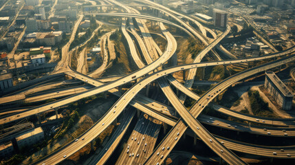 Aerial drone top view photo of highway multilevel junction interchange road in urban populated area