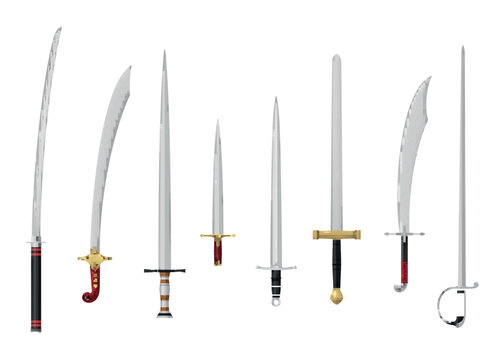 Swords and sabers set ornate handle ancient arm weapon for knight realistic vector illustration