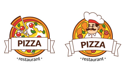 vector set of ready-made logos for pizzeria with image of pizza and chef - obrazy, fototapety, plakaty