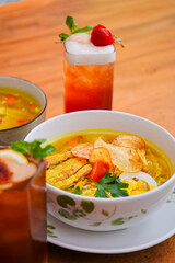 Drinks Ice Tea Blue and Grape Cocktail and Indonesian Food Soto Sambal