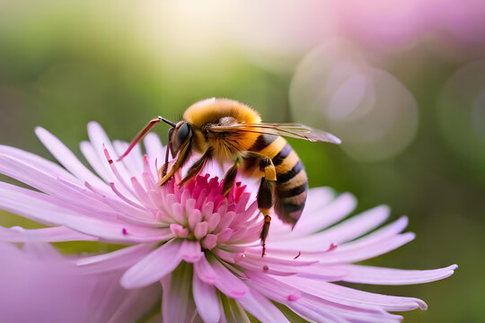 Close-up of a Bee Pollinating a Flower Head in Nature. Generative AI