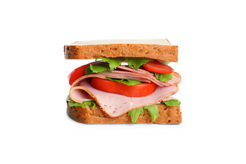 Tasty sandwich with ham, isolated on  white MADE OF AI