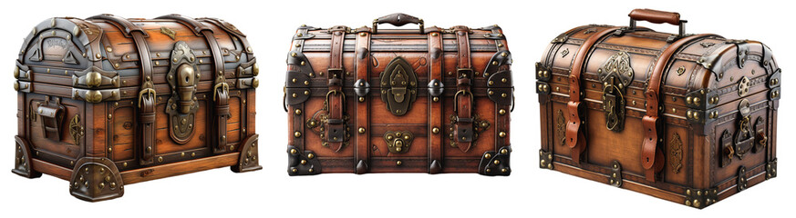 Beautifully crafted wooden suitcases with leather straps on a transparent background, Generative AI