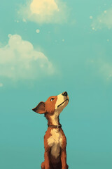 Dog against the sky looking up, copy space. Vertical angle