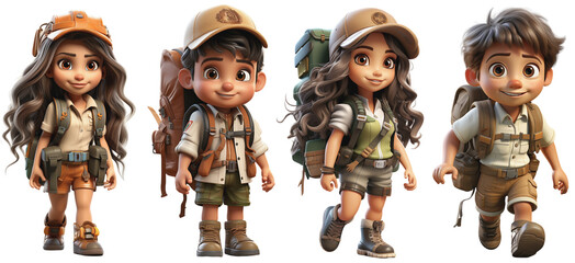 boys and girls scouts on a trekking trip with backpack and boots on a transparent background, Generative AI