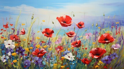 Fototapeta premium a painting of a field of flowers with blue sky in the background. generative ai
