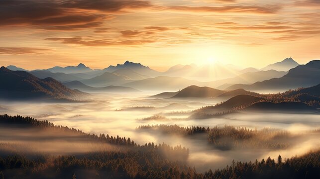  a painting of a sunset over a foggy mountain range.  generative ai