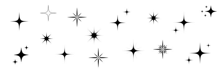 A set of star icons, a collection of illustrations of twinkling stars, sparks, a shining explosion.