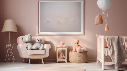 nursery with a blank photo frame on a pastel-painted wall