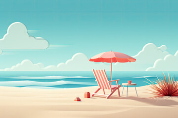 pink beach chair and parasol with blue sky on a tropical beach. 3d