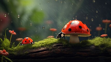  a mushroom with a ladybug sitting on top of it.  generative ai