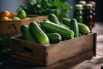wooden box filled with cucumbers on a wooden table