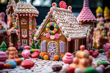 Christmas gingerbread house adorned with candy and icing decorations.