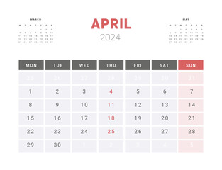 Calendar Template of april 2024. Vector layout simple calendar with week start Monday.