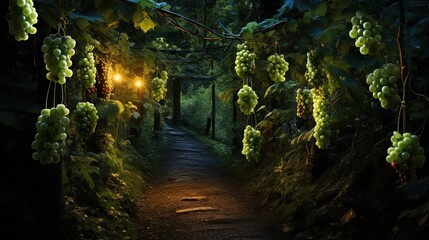  a path in a forest with grapes growing on it and a light shining on the grapes.  generative ai