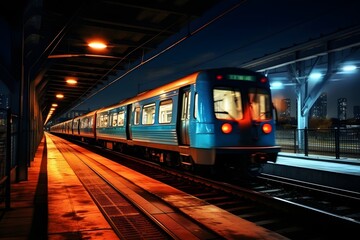 Fototapeta premium Railway station at night. Train platform in fog. Railroad