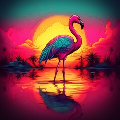 Exotic summer pink animal, flamingo covered with fresh spring flowers. Tropical background....