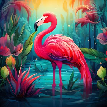 Exotic summer pink animal, flamingo covered with fresh spring flowers. Tropical background. Abstract animal concept.