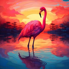Fototapeta premium Exotic summer pink animal, flamingo covered with fresh spring flowers. Tropical background. Abstract animal concept.