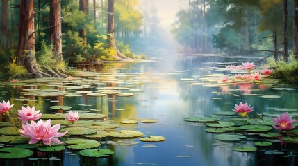  a painting of water lilies and trees in a forest.  generative ai